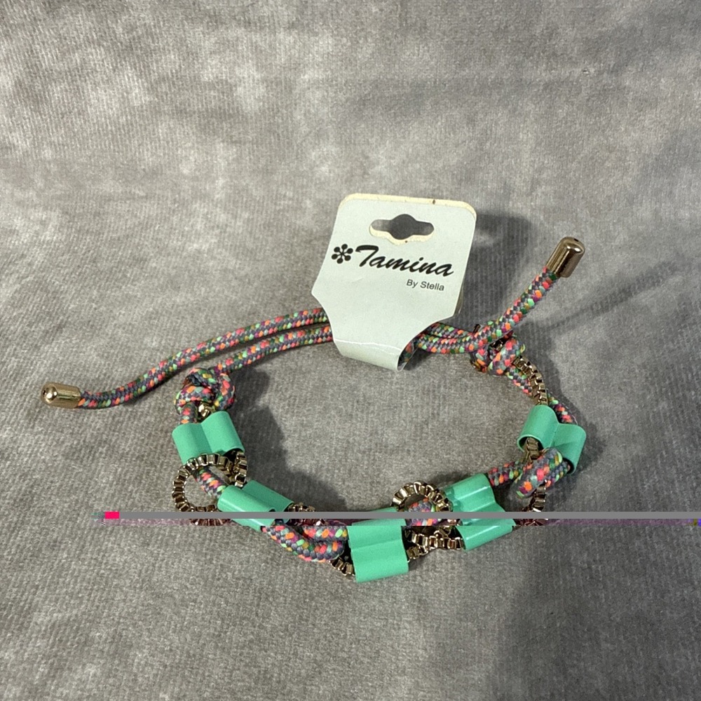 Tamina By Stella Bracelet Adjustable Cord Gold Tone Pink Green